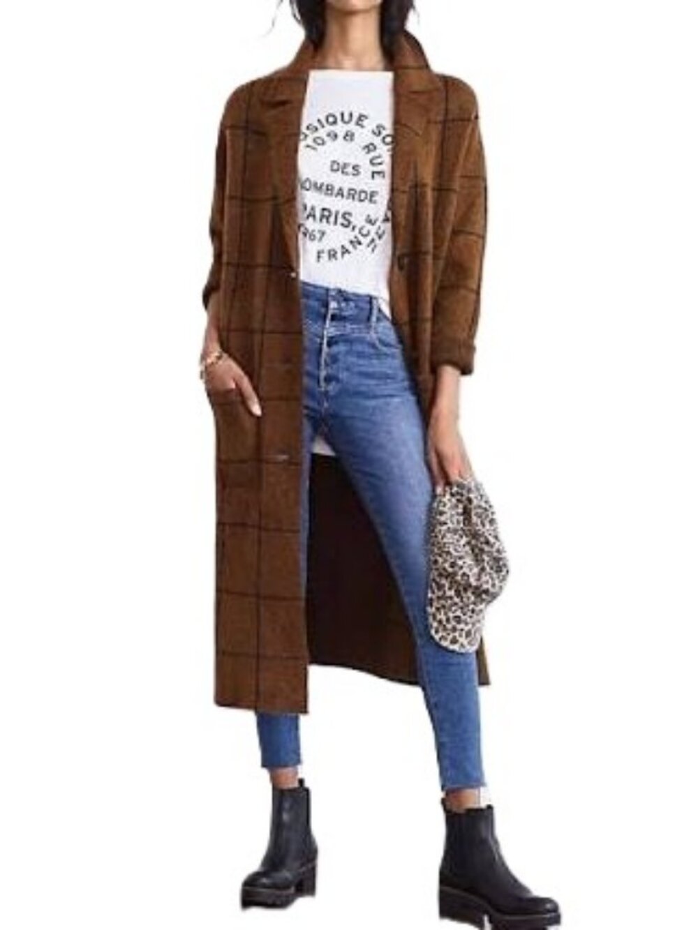 ANTHROPOLOGIE Solenne Windowpane Long Sweater Cardigan Coatigan Dark Grey M